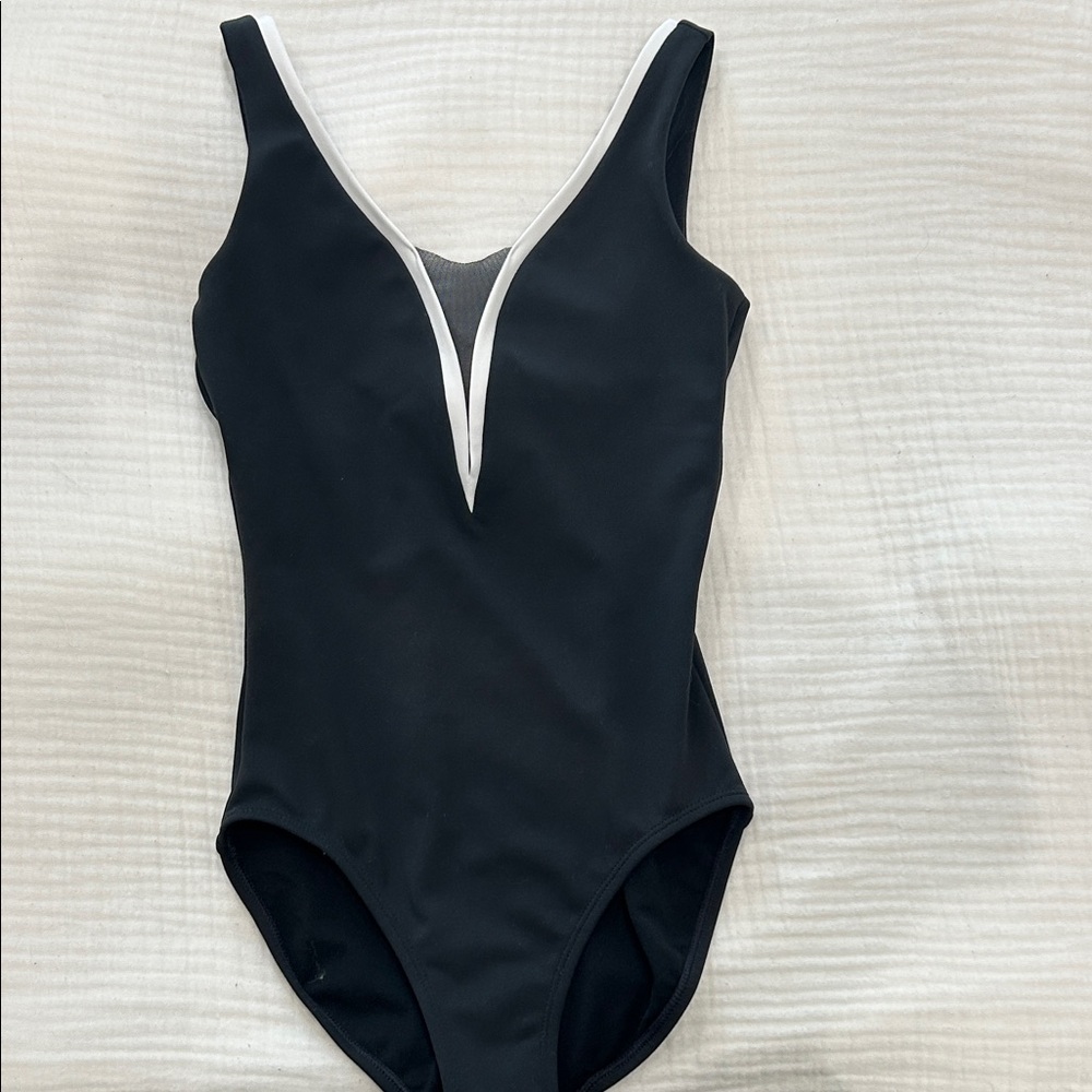 Jo and Jax dance leotard. Black with white trim mesh detail..stylish